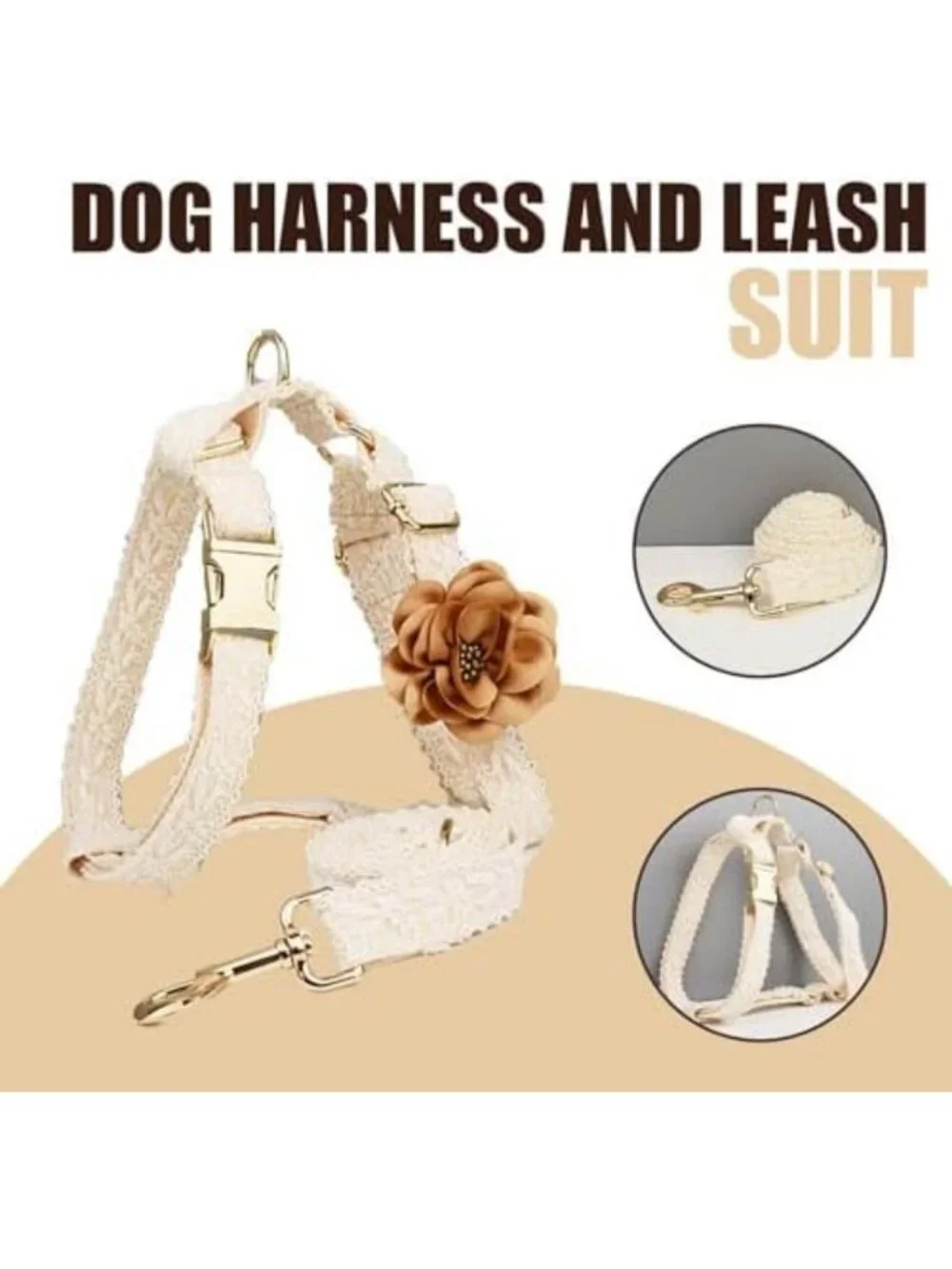 Adjustable White Lace Dog Harness & Leash Set for Girls - No Pull, Luxury Design